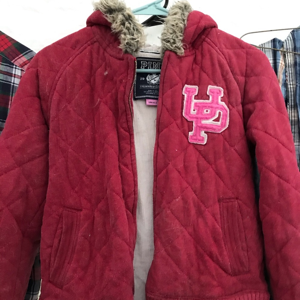Pink  Victoria’s Secret we are varsity fur coat